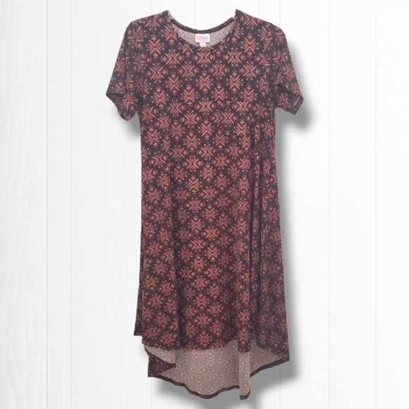 LuLaRoe Women's Carly High Low Brown Print Short Sleeve T-shirt Dress Size Small - Picture 1 of 6